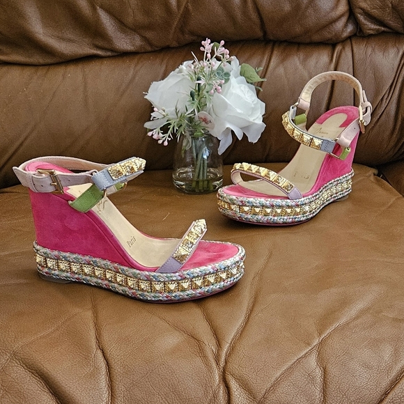 Christian Louboutin Shoes - Christian Louboutin Pyraclou Suede Multicolor Gold Accent Wedges Sz 4 US